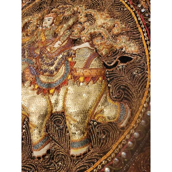 Vintage Asian Elephant Tapestry 3D Raised Handcraft Embroidered Sequins Art 21" - Picture 15 of 16